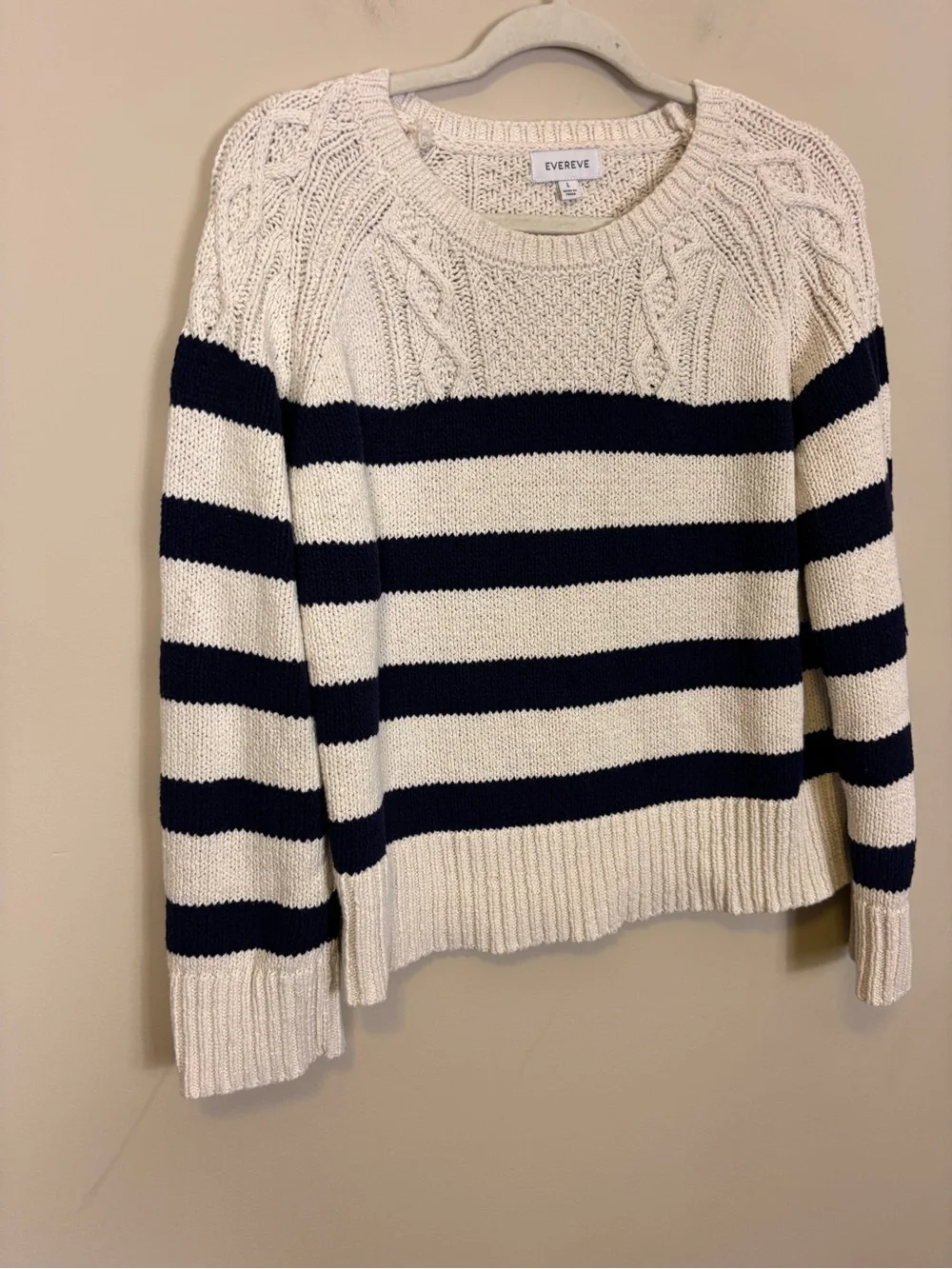 Evereve Cream & Navy Striped Cotton Cable Crew Pullover Sweater Large